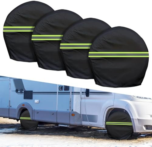 4 Stück Reifenabdeckung, Reifenabdeckung Wohnmobil mit Grün Reflexionsstreifen, 600D Oxford Radabdeckung Wohnwagen für Räder mit 30-32 Zoll Durchmesser, für Autos, SUVs, Vans, Auto