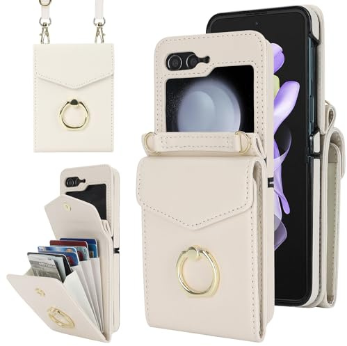 SINQERISHT Handykette Handyhülle für Samsung Galaxy Z Flip 7 FE/Flip 6 5G Wallet Hülle PU Leder Case mit Kartenfach, Brieftasche mit 360° Ring Ständer Klapphülle Magnetverschluss Cover(Weiß)
