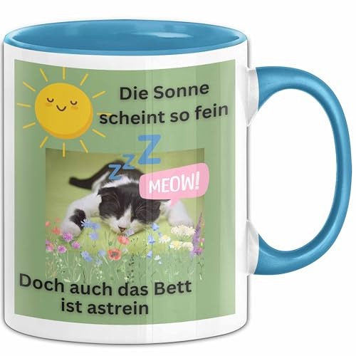Meme Tasse Geschenk Lustiger Becher Katze Die Sonne Scheint So Fein Doch Auch Das Bett Ist Astrein (Blau)