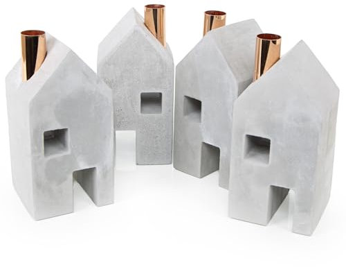 Logbuch-Verlag 4 Moderne Deko Häuser Kerzenhalter Adventskranz Geschenk Kerzenständer für Stabkerzen 18 cm Dekohaus aus Beton