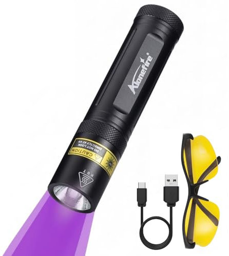 Alonefire SV77 395nm UV Taschenlampe 10W Typ C USB Aufladbar Tragbar Schwarzlicht Haustierurin Detektor Geld-Detektor für UV Harz, Angeln, Skorpion, Bernstein, Mineralien mit UV-Schutzbrille,Batterie