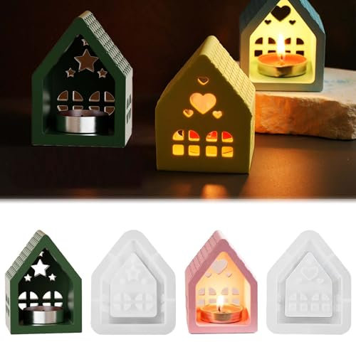 WISIRENT - 2 moldes de silicona para casas, molde de silicona para casas, molde de silicona 3D con corazón, molde de silicona para casa con estrella, para manualidades, yeso, velas