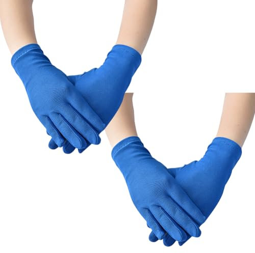 FSSTUD 2 Pairs Short Costume Wrist Gloves Stretchy Satin Gloves Halloween Cosplay Gloves Wedding Bridal Gloves Banquet Party Gloves Fancy Opera Gloves Blue