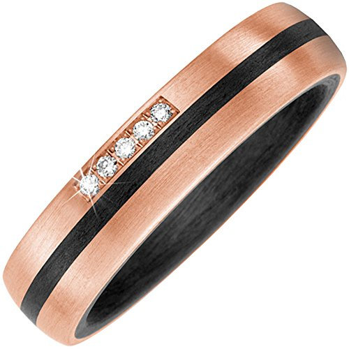 Schmuck Krone Partner-Ring Fingerring mit 5 Brillanten aus Carbon & 585 Gold Rotgold mattiert, Ringgröße:Innenumfang 52mm ~ Ø16.6mm