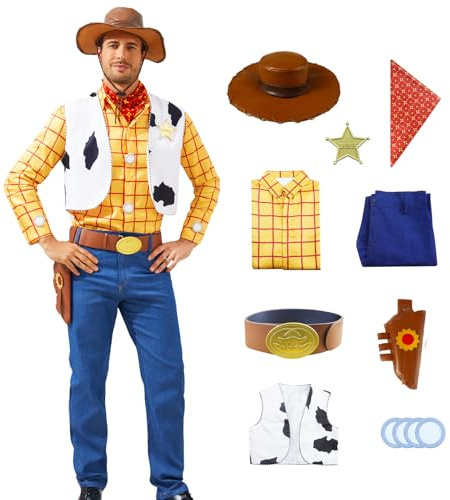 AYYOHON Woody Kostüm, Erwachsene Cowboy Woody Sheriff Cosplay Uniform Hemd Weste Hosen Set mit Hut Abzeichen Gürtel Schal