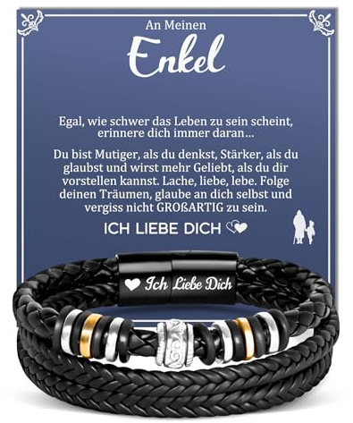 YIBONIKA Enkel Geschenk von Opa Oma, Lederarmband Geschenk für Meinen Enkel Junge, Enkel Geschenke von Großeltern zum 13. 16. 18. Geburtstag Abschluss Einschulung Weihnachten