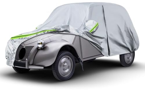 Autoabdeckung Passend für Citroen 2CV 1948-1990 Citroen Dyane 1967-1983 | Wasserdichte Vollgarage Silber Autoplane mit Reißverschlusstür für Schnee, Regen, Allwetterschutz