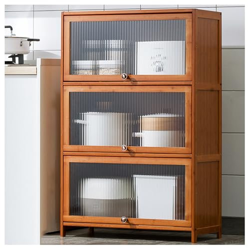 Armadietto alto da cucina con ante e ripiani in acrilico, autoportante, per cucina, soggiorno, sala da pranzo, marrone, 80 x 33 x 106 cm