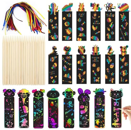 dinghaole 20 Stück Kratzbild Lesezeichen, Regenbogen Scratch Art, Kratzbilder Lesezeichen Tiere Magic Regenbogen Scratch Papier Mit Bändern und Holzstiften für Mitgebsel