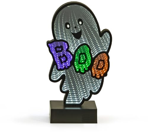 Global Gizmos Ghost Infinity Light/Double-Sided Halloween Mirror Light/Vibrant Colours/Multicolour Fibre Optic Lamp/USB Powered Halloween Decoration (46379)