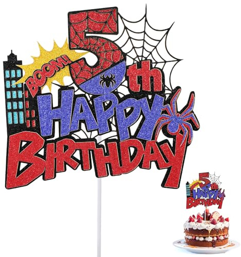 Spider Happy Birthday Cake Topper, Durable Glitter Red and Blue Spider Cartoon Themed Birthday Cake Cupcake Decoration Supplies Suitable for Boys Girls (Number 5)