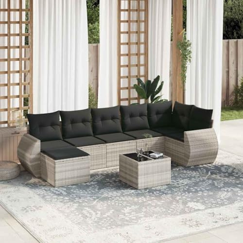 QZZCED 8-TLG. Garten-Sofagarnitur mit Kissen Hellgrau Poly Rattan Sitzgruppe für den Garten für Gärten