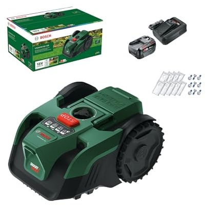 Bosch Robot rasaerba a batteria VISIMOW18V-100 | per prati fino a 100 m², larghezza taglio: 16 cm, altezza taglio: 20-60 mm, con lame ricambio, incl. batteria e caricatore