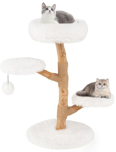 COSTWAY 90cm Kratzbaum Holz, Katzenbaum mit 4 Plüschsitzflächen, Ball & Kratzpfosten aus Jute und Massivholz, Katzenturm Katzenmöbel, Katzenkratzbaum Kletterbaum Katzen, Weiß