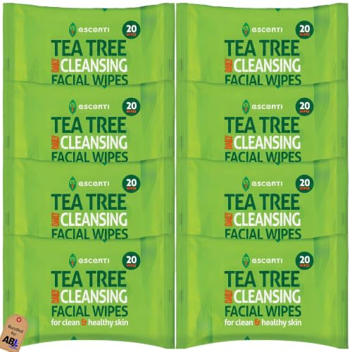 Tea Tree Daily Cleansing Facial Wipes Multipack – 8 x 20 (160 Wipes Total) – 100% Biodegradable, Antibacterial Face & Eye Makeup Remover – Sensitive Skin, Travel Wet Wipes, Tea Tree Oil Cleansing Wipe