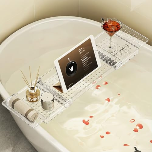Erweiterbare Badewanne für Caddy Tablett mit Wein- und Buchhalter, transparentes Acryl-Badregal, verstellbarer Badewannen-Organizer zum Einweichen, Spa-Zubehör für Frauen (erweitert)