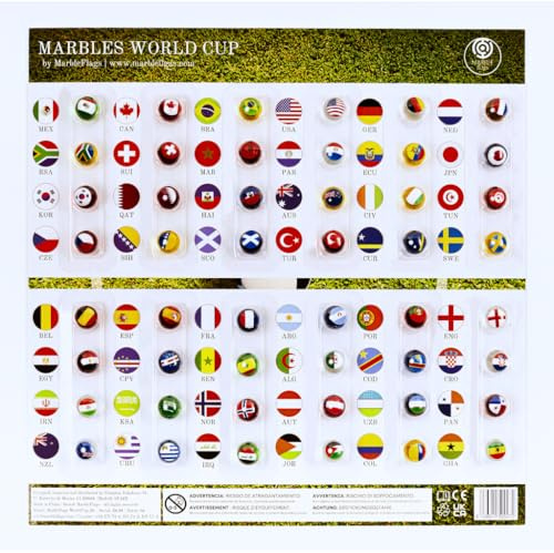 MARBLEFLAGS Colección 48 Canicas con Banderas del Mundial 2026 | Ideal para Circuitos de Canicas y MarbleRun | 16 mm