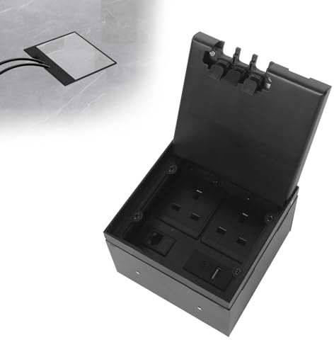 Recessed Hidden Floor Socket, Stainless Steel Floor-mounted Electrical Outlet Box, 250VAC 13A Waterproof Power Socket Outlet Box for Kitchen Office, Concealed (Black, 2AC+USBA+USBC+CAT6)