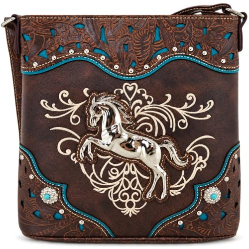 Handtasche im Western-Stil, mit Pferd, bestickt, Blumenmuster, Strasssteine, Umhängetasche, Handtasche, Cowgirl, Country, Damen, einzelne Schultertasche