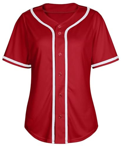 Damen-Baseballtrikot, Knopfleiste, blanko, Softball-Trikot, kurzärmelig, Hip-Hop-Aktiv-Hipster-Shirt, Rot/Ausflug, einfarbig (Getaway Solids), Klein