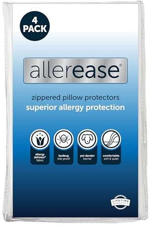 Aller-Ease Maximum Allergy Kopfkissenbezug Standard/Queen, 4er Pack - Hypoallergener Kissenbezug mit Reißverschluss Design verhindert Ansammlung von Bettwanzen und Allergenen, Maschine, 4er Pack, Weiß