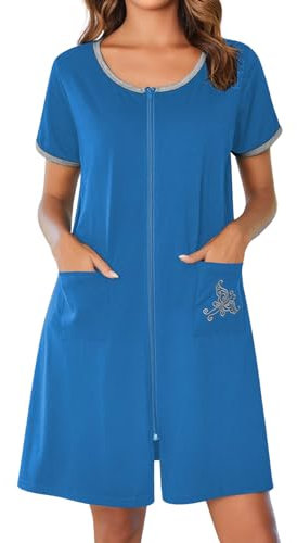 Ekouaer Bademäntel mit Reißverschluss für Damen, kurze Ärmel, Reißverschluss, Hausmantel, kurzer Bademantel, leichtes Nachthemd mit Taschen, S-3XL, himmelblau - deep sky blue, XX-Large