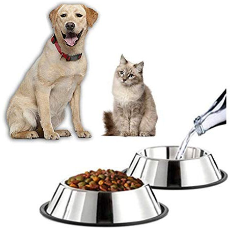 Bahob® Steel Dog Bowl with Rubber Base for Small Medium and Large Dogs, Pets Feeder Bowl and Water Bowl Perfect Choice Pack of 2 (M)