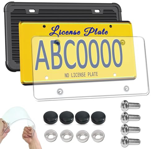 ZXFOOG License Plate Frame Cover Combo- Clear Flat Plate Cover & Black Silicone Car Tag Holder, Unbreakable Novelty Protector Fit Standard US Front or Rear Plate, 1 Pack with Mount Kit- Screws Caps