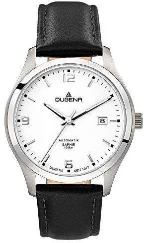 Dugena Herren-Armbanduhr 4460911 Tresor Automatik, Automatikwerk, weißes Zifferblatt, Edelstahlgehäuse, Saphirglas, Lederarmband, Dornschließe, 10 bar