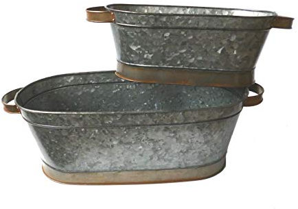 Juego de 2 o 1 macetas grandes de metal galvanizado de zinc | macetas de jardín al aire libre (juego de 2 unidades, uno de cada tamaño)