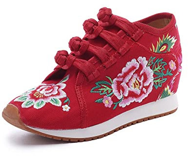 HOTRA Flor de Mujer Bordada Zapatos de Plataforma Cómodas Zapatillas de Lona con Cuña Calzado de Forro Polar Cálido de Invierno (Color : Red, Size : 40 EU)