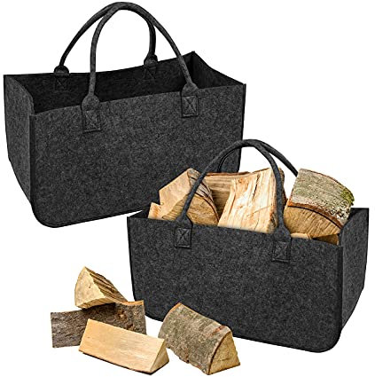 YRHome 2 Stück Kaminholztasche Filz Tasche Filztasche Filztaschen Faltbar Shopper Kaminholz Einkaufstasche Spielzeugtasche bis zu 30KG 50 x 25 x 25 cm Dunkelgrau