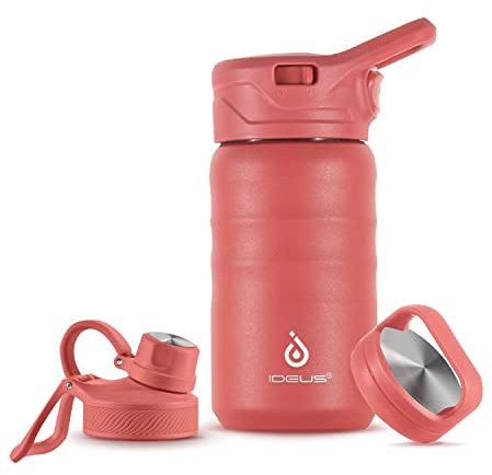 IDEUS 12 Oz (360 ml) Insulated Water Bottle with Straw, with 3 Leak-Proof Wide Mouth Lids Stainless Steel Water Bottles, Keeps Hot & Cold, Great for Hiking & Biking, Red