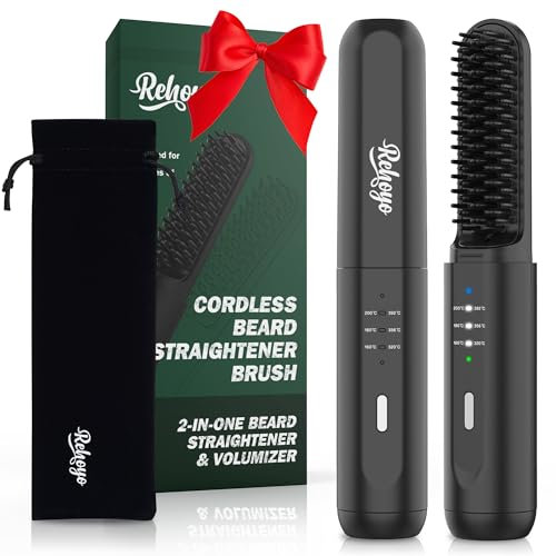 REHOYO Alisador de barba para hombres, cepillo alisador portátil inalámbrico para cabello y barba con tecnología antiquemaduras e iónica, peine de ajuste de temperatura de 3 para viajes en casa