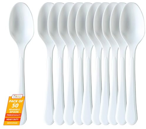 PRICEBEATER Reusable Plastic Dessert Spoons, Heavy Duty Reusable, Hand Washable, Cutlery Tablespoon, Plastic Cutlery for Parties and Basic Everyday Tableware and Dinnerware Pack of 50 (White Spoons)