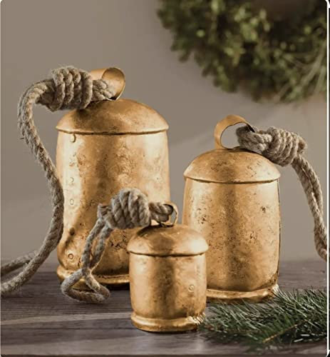 Juego de 3 campanas de vaca de metal de la suerte rústicas vintage hechas a mano con armonía gigantes, campanas enormes en cuerda, decoración de Navidad, 10 cm, 15 cm, 20 cm de alto, campanas rústicas