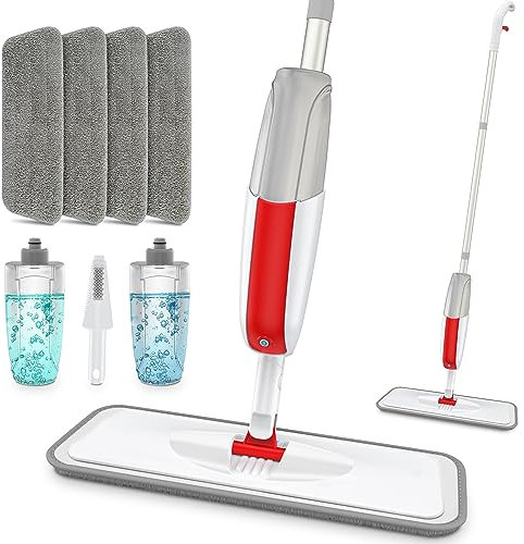 MANGOTIME Spray Mop for Cleaning Floors, Microfibre Wet Dry Flat Floor Mop with 2 Refillable Bottles & 4 Washable Pads for Laminate Wood Vinyl Tile LVT