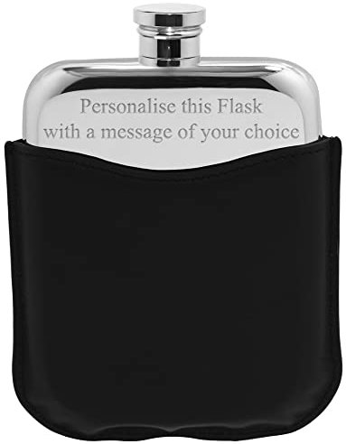 English Pewter Company 6oz Hip Flask with Black Leather Pouch Personalised with Free Engraving [PLF05]