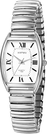 JewelryWe Uhren Damen Analog Quarz Armbanduhr Klassisch Einfach Rechteckig Elastisch Legierung Armband Beiläufige Uhr Damenuhr mit Römischen Ziffern Zifferblatt Silber
