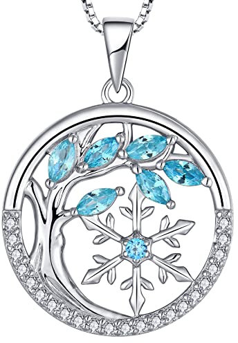 YL Lebensbaum und der Schneeflocke Halskette 925 Sterling Silber März Geburtsstein Aquamarin Anhänger für Damen