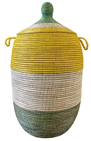 Wäschekorb Afrika - S/M/L/XL/XXL - Das Original aus dem Senegal - Afrikanischer Flechtkorb mit Deckel - Fair Trade Korb - Graskorb - Dekokorb (XXL, Bold Stripes Grün & Gelb)