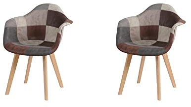 HJhomeheart Lot de 2 Chaises de Salle à Manger en Tissu Patchwork avec Accoudoirs, Fauteuil Design Moderne, Chaise de Cuisine Scandinave en Bois de Hêtre (Brun)
