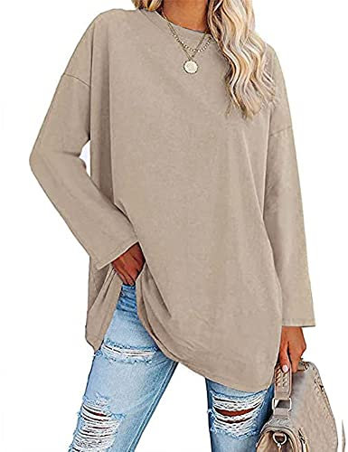 Famulily Women's Casual Plain T Shirts Ladies Round Neck Long Sleeve Tops Comfy Cotton Loose Tunic Blouse Tops Beige XXL