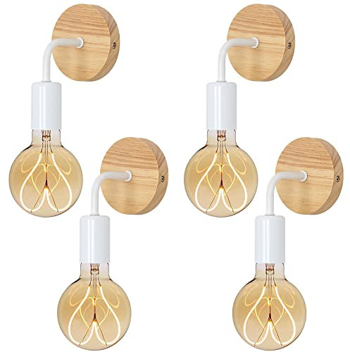 Tealight 4 Pezzi Lampada da Parete Vintage, Applique da Parete Interno in Legno, Lampada a Muro industriale E27 per Camera da letto, Corridoio, Soggiorno, Scale (Bianco)