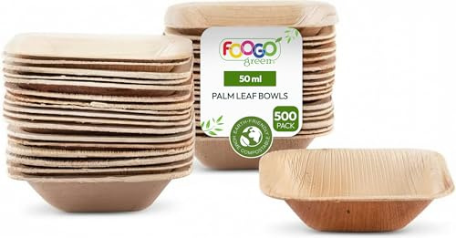 FOOGO Green 500pcs Disposable Mini Palm Leaf Bowls, 3 (7.5cm) Square | 50ml (1.7oz), For Sauce, Snacks, Ketchup & Mayo Pots, EcoFriendly, Biodegradable, Like Bamboo, Wooden And Paper Bowls