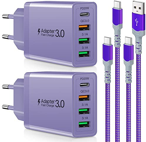 2 Stück 35W USB C Ladegerät [4-Port Upgrade], Acezeek Schnellladegerät USB Stecker mit Wandladegerät mit 2 Stück 6.6Ft 60W USB C Ladekabel kompatibel für Samsung,LG,Google Pixel 6 Tablet (Lila)