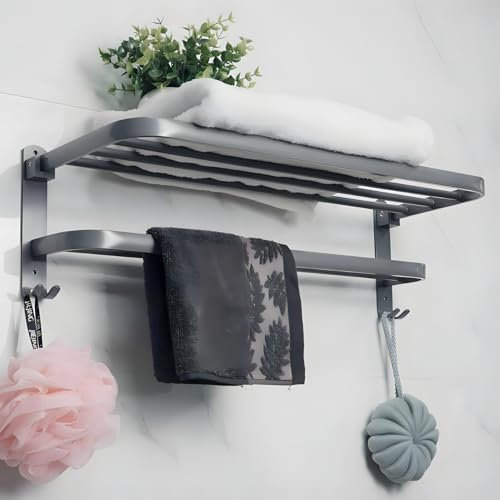 yozhch Porte-Serviettes de Salle de Bain Double Tige Auto-adhésive avec Crochets Porte-Serviettes Mural à 2 Niveaux, Gris 58cm