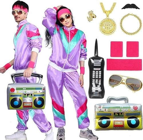Amycute 80er Jahre Outfit Herren Damen, 80er Trainingsanzug, Jogginganzug 80er Jahre, 80er Jahre Accessoires, Faschingskostüme, Karneval kostüm für 80er 90er Jahre Themenparty.