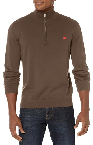 HUGO Men's Quarter Zip Square Logo Cotton Sweater, Teak Brown, XXL