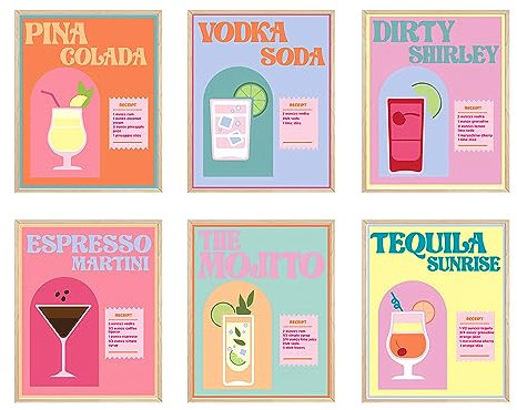 Cocktail-Wandkunst-Set, Retro-Cocktailbar, Wanddekoration, Kunstwerk, ungerahmt, bunt, Alkoholgetränke, Poster, Drucke für Bar, Party, Wohnheim, Küche, Wohnzimmer, 20,3 x 25,4 cm, 6 Stück